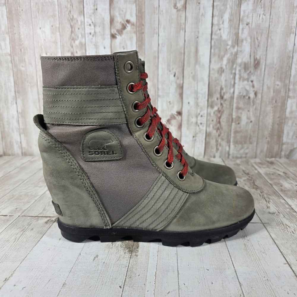 Sorel Lexie Wedge Boots Sage Green Waterproof Leather Lace Up Womens 10